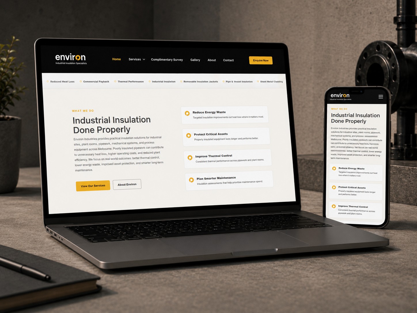 Environ Industries website homepage design featuring dark industrial imagery and yellow accents