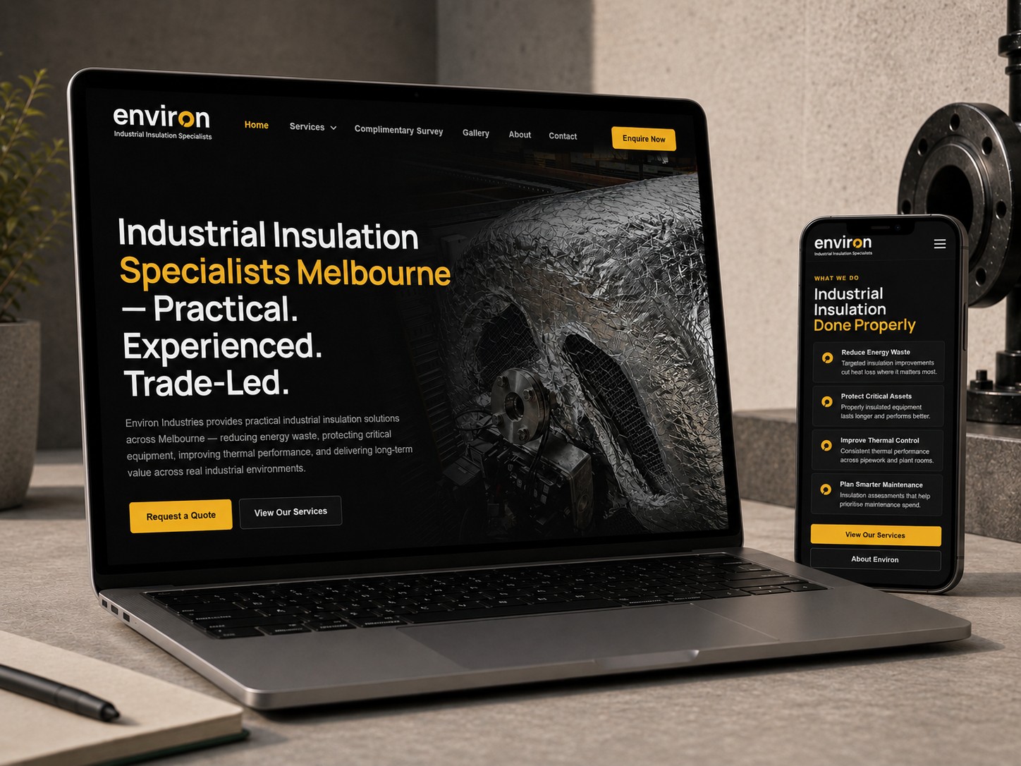 Environ Industries services page layout with clear call-to-action pathways