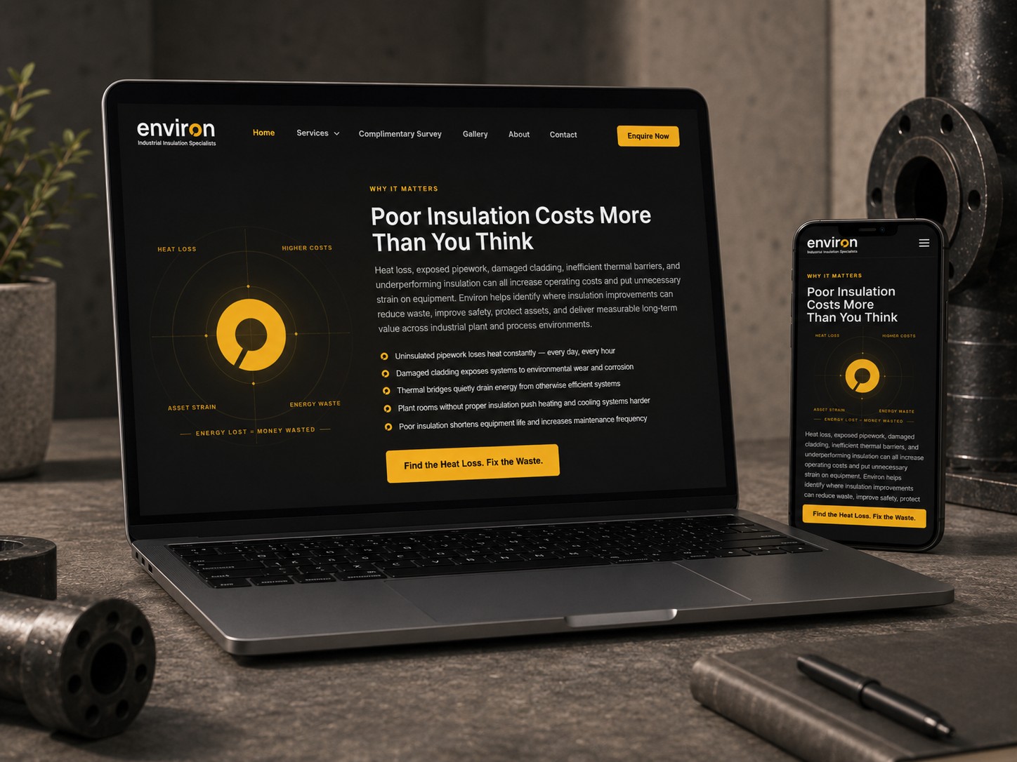 Environ Industries website interior page showcasing industrial insulation services