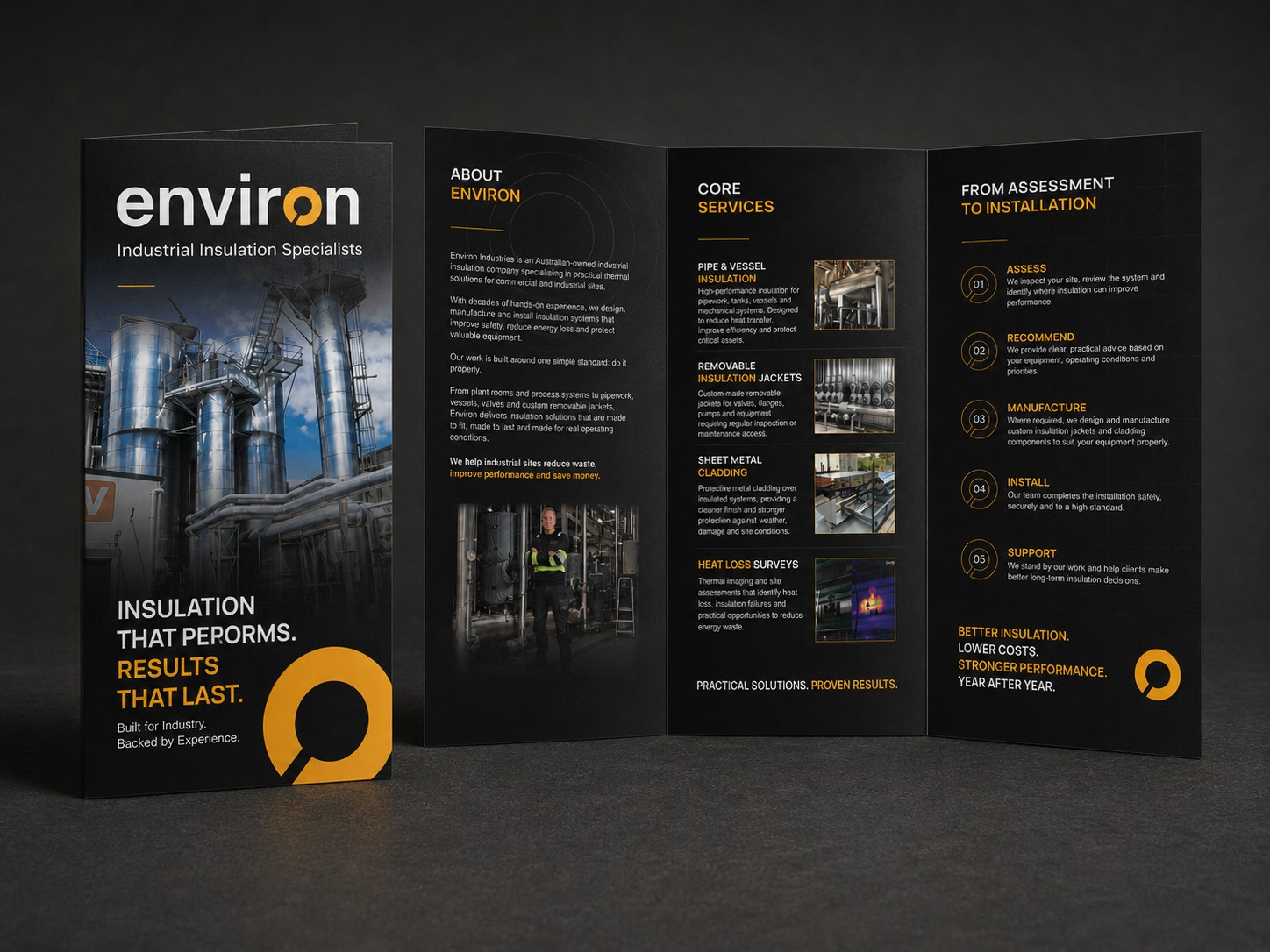 Environ Industries stationery suite flat lay including brochure and business cards